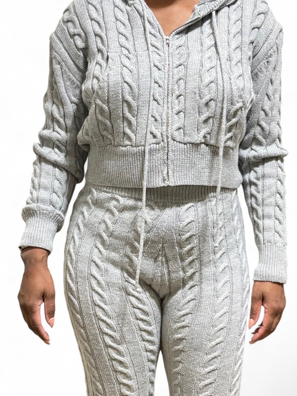 Fashion Nova Cable Knit Zip Hoodie & Pants Set - Light Gray